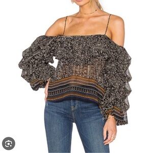 MISA • Boho Off-Shoulder Ruffle Blouse in Black Floral